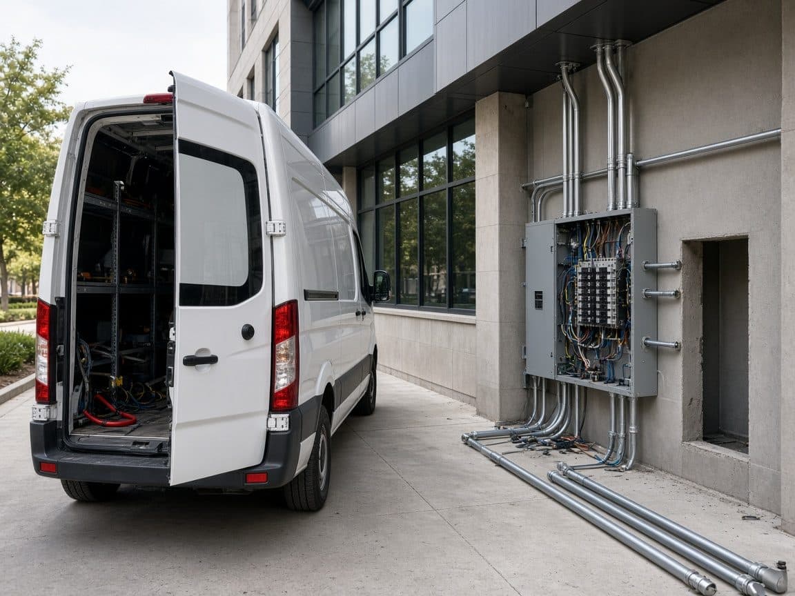 Electrical contractor van at a commercial jobsite