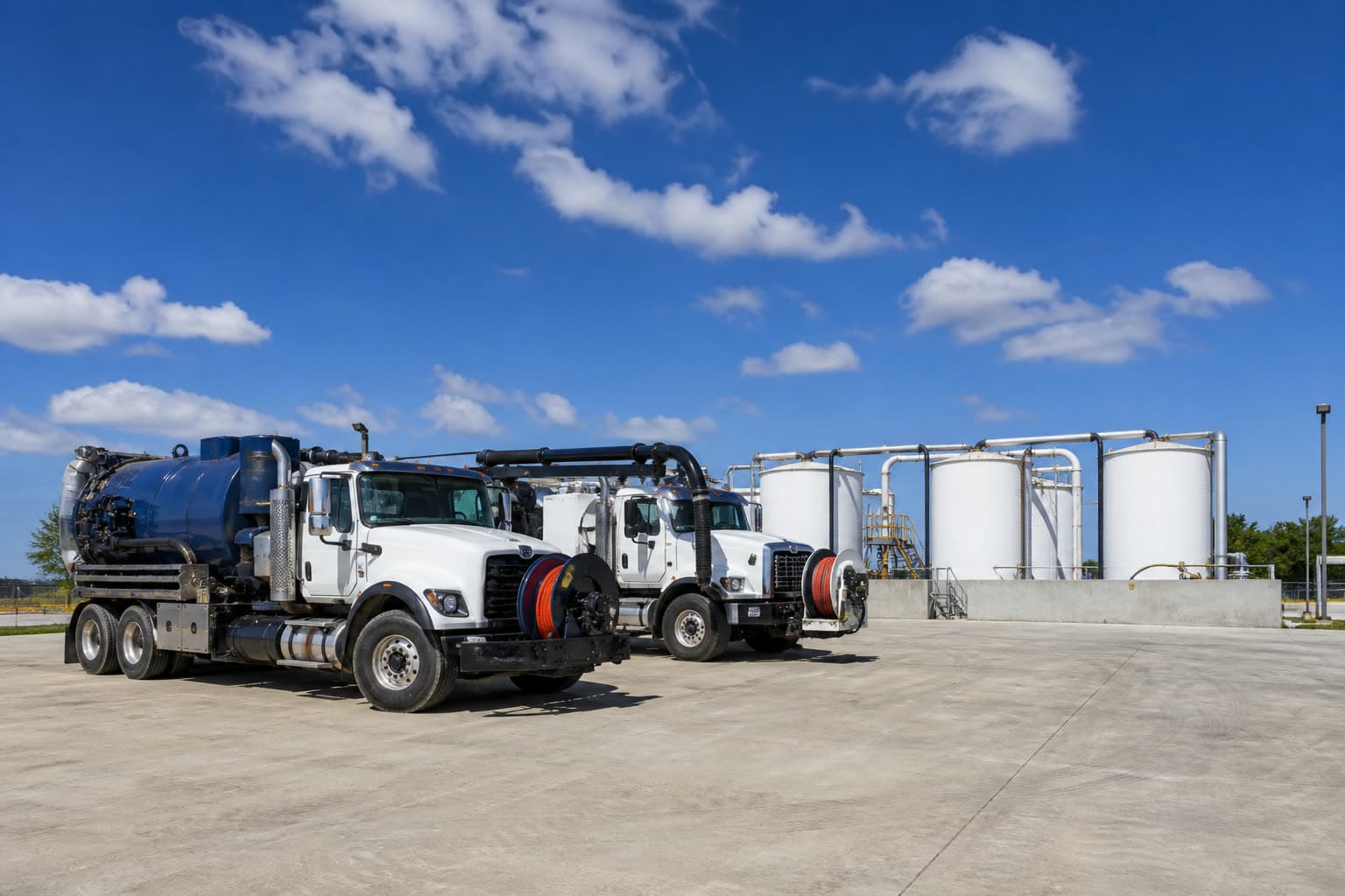 Industrial waste tanks and service equipment in daylight