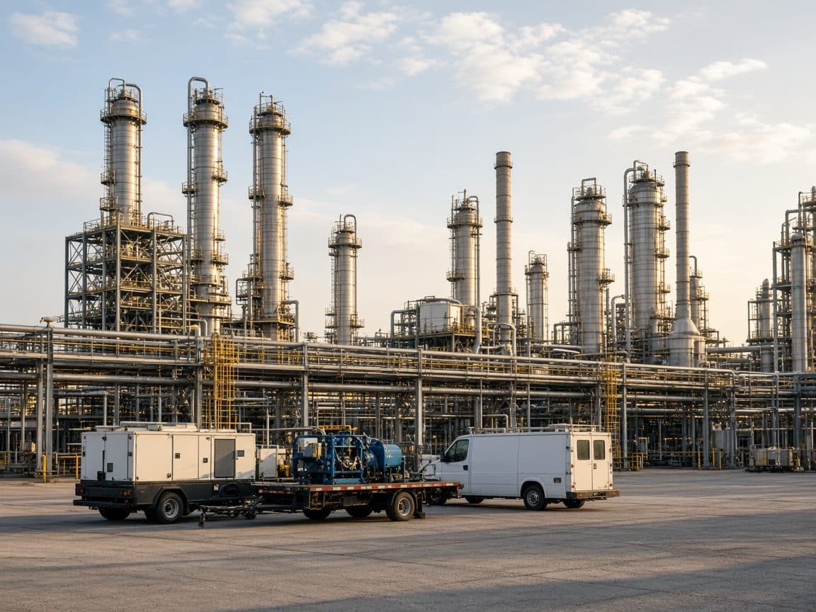 Houston chemical plant pipe racks in morning light