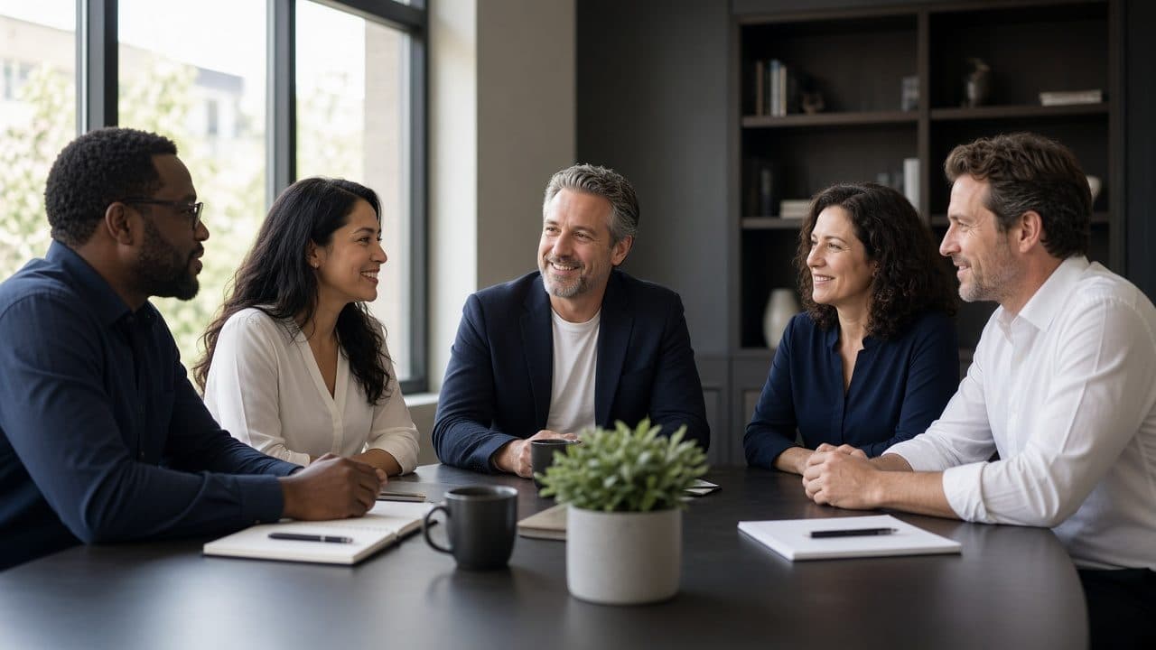 Advisors and owners in conversation around a conference table