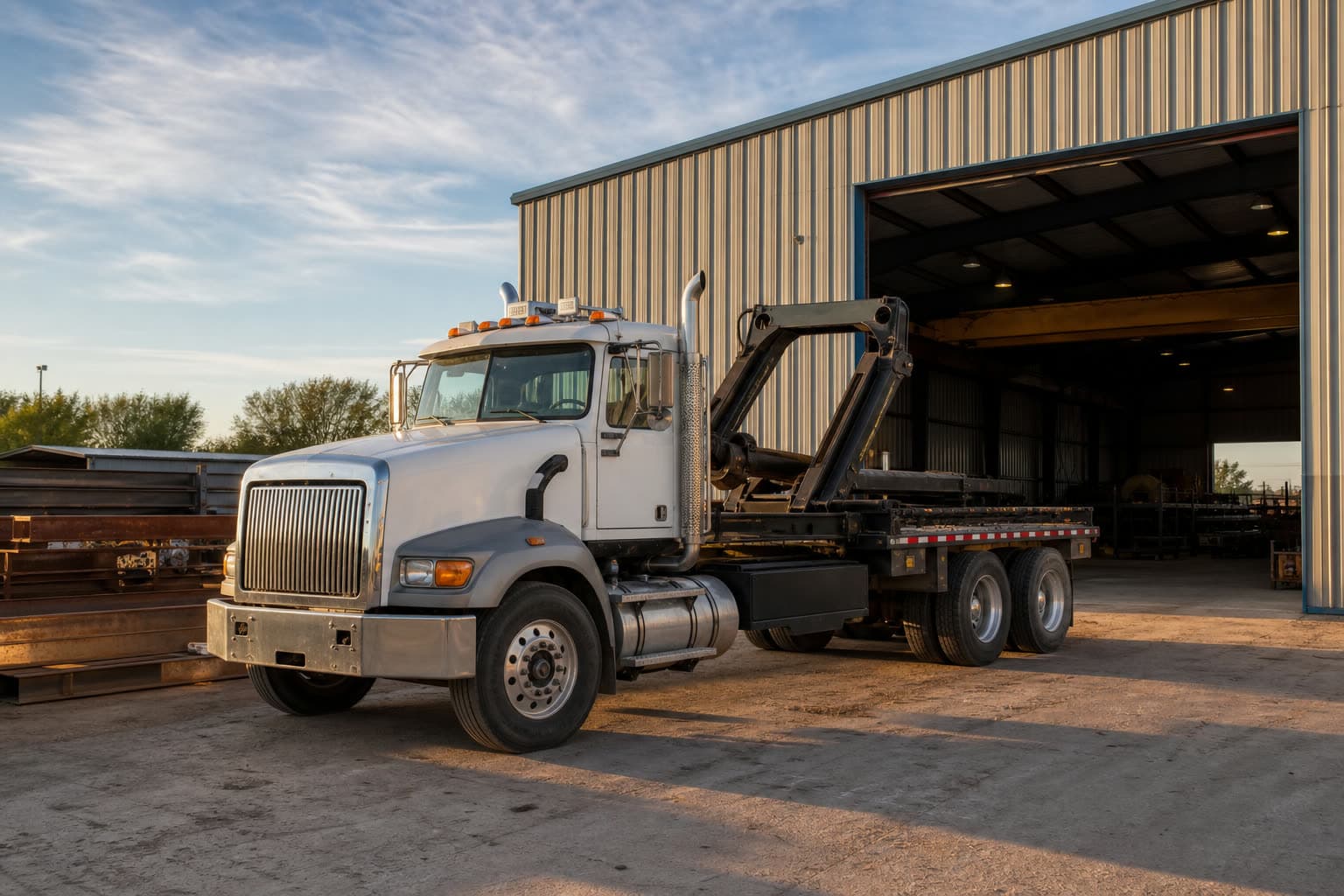 Heavy truck at a Houston fabrication shop in afternoon light
